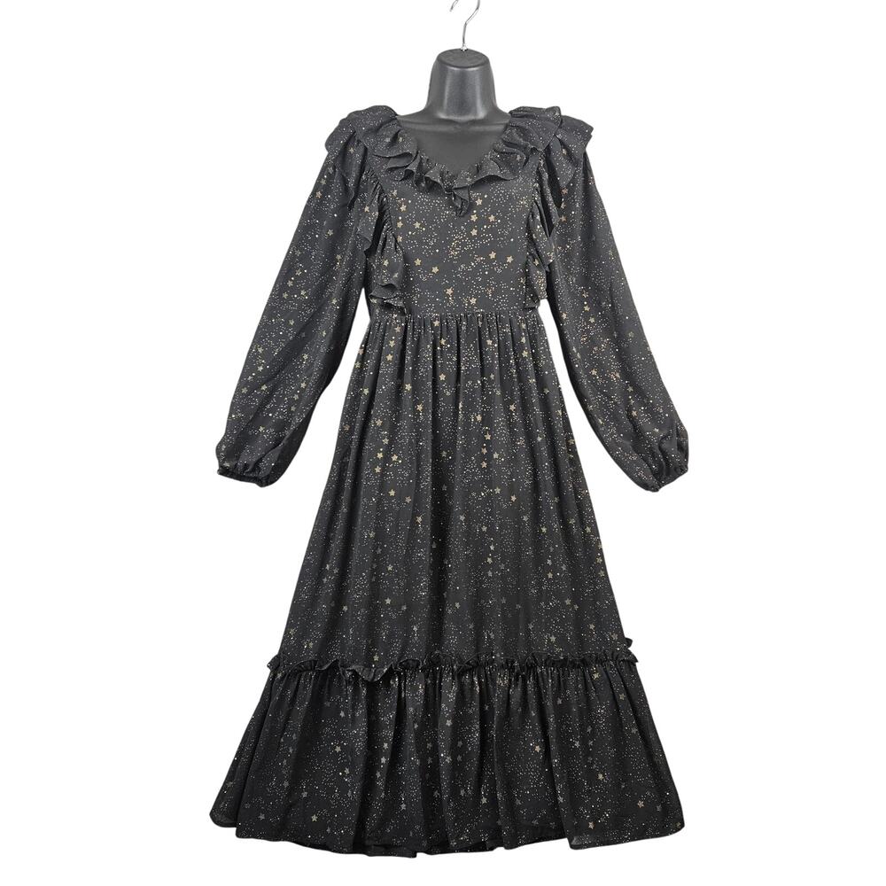 Moon River M Black Gold Celestial Star Ruffle Midi Dress Whimsigoth Romantic